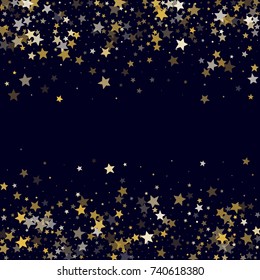 Golden Glittering Stars on Dark Blue Background. Greeting Card, Invitation Template with Shimmering Stars Confetti. Night Sky Vector Background with Free Space