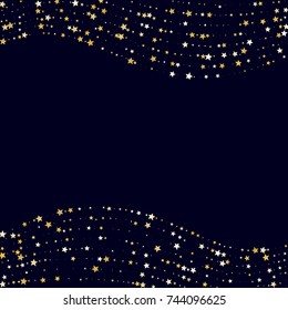 Golden Glittering Stars on Dark Background. Greeting Card, Wedding, Invitation Template with Shimmering Stars Confetti. Night Sky Vector Background with Free Space for Glamour, Luxury Design.