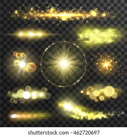 Golden glittering stars. Sparkling sun light flashes with lens flare effect on transparent background. Vector shining gold bokeh elements