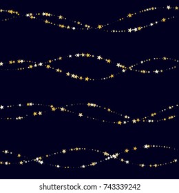 Golden Glittering Stripes with Stars on Dark Background. Wedding, Greeting Card, Invitation Template with Shimmering Stars Confetti. Night Sky Vector Background for Luxury, Glamour Design