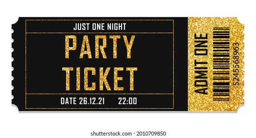 Golden glittering stub ticket
for invitation, event, concert, music festival, movie festival, show, performance, etc.