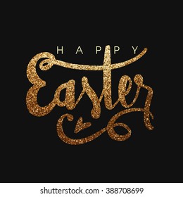 Golden glittering text Easter on black background, Elegant greeting card design for Happy Easter celebration.