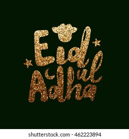 Golden glittering Text Eid-Ul-Adha with Sheep Face on green background for Muslim Community, Festival of Sacrifice Celebration.
