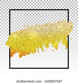 Golden Glittering Vector Texture with Square Frame. Sparkling Background Design Element with Black Border. Trendy Foil Hand Drawn Grunge Brush Stroke.