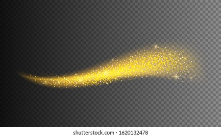 Golden glittering waves set. Sparkle dust with gold particles. Futuristic Wave Flash. Glowing shiny lines effect. Golden sparkling comet tail on transparent background.