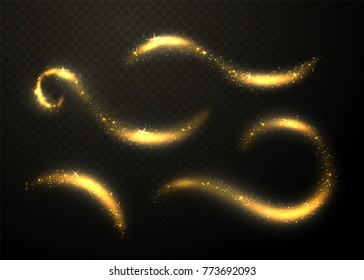 Golden glittering waves set. Sparkle dust with gold particles isolated on black transparent background. Glitter glow tail. Vector illustration