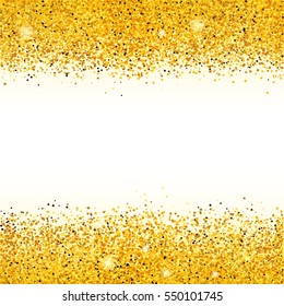 Golden glittery horizontal frame. Bright shining background with golden particles. Vector illustration for your graphic design.