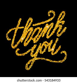 Golden glittery "thank you" inscription on black background. Hand lettering. Simple thank you card. Vector illustration for your graphic design.