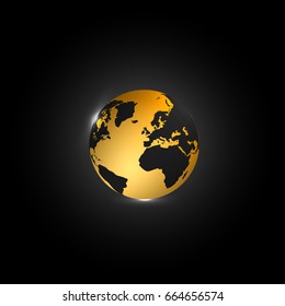 Golden globe in black background, vector illustration isolated background.