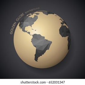 Golden globe with dark polygonal continents and shadow.