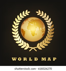 Golden globe with laurel wreath. Golden Globe on dark background. Vector illustration. Glossy world map.