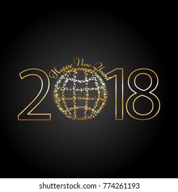 Golden globe and stars on a black background. New Year 2018.