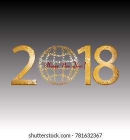 Golden Globe and golden stars on a gray background. Happy New Year 2018!
