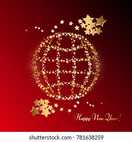 Golden globe, stars and sparkles on a red background. Glowing ball. Fireworks. Happy New Year!