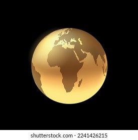 Golden glossy 3d planet earth. Gold globe icon.