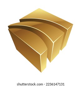 Golden Glossy 3d Striped Shape on a White Background