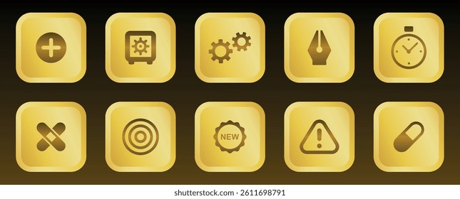Golden Glossy 3D Style Interface Icon Set – Collection of Yellow UI Symbols Featuring Security, Tools, Alert, Medical, Target, and Time Elements in Bright Modern Gradient Glossy Card Style Design