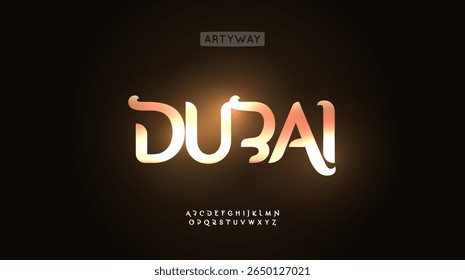 Alfabeto dourado brilhante, fonte de luxo brilhante, símbolos tipográficos premium para logotipo de marca exótica, elegante design de título de letras de Dubai, design tipográfico de manchete de moda árabe. Tipo de vetor