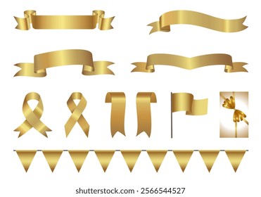 Golden glossy award ribbon banners for text. Blank Gold award Ribbon Collection Pack Template. Collection of Different Empty Gold Ribbon and Label Design. Various shapes. Ribbon label gold glossy