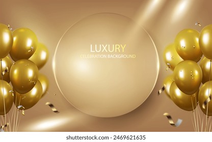 golden glossy balloons and golden glowing circle shape modern and creative celebration concept banner design, use for birthday and anniversary and other celebration days background.