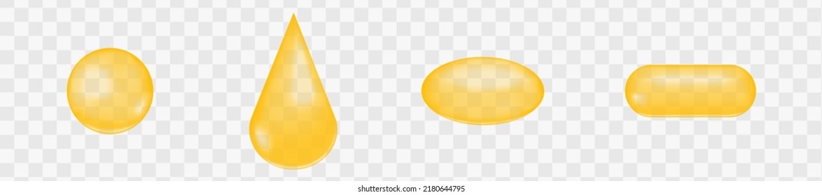 Golden glossy bubble, drop, capsule set. Collagen, keratin, serum, jojoba cosmetic oil, vitamin A or E, omega fatty acid ball, droplet and pill. Vector realistic illustration