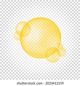 Golden glossy bubbles on transparent background. Collagen droplets, keratin, serum, jojoba cosmetic oil, vitamin A or E, omega fatty acid balls. Vector realistic illustration.