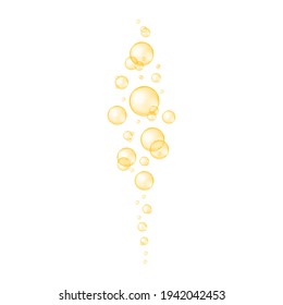 Golden glossy bubbles streaming. Collagen, serum, jojoba cosmetic oil, vitamin A or E, omega fatty acids balls. Vector realistic illustration.
