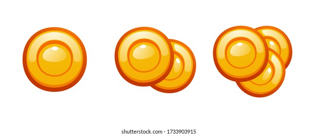 Golden glossy coins. Three cartoon icons for game, ui, app or banner design. Isolated vector cions on white background.
