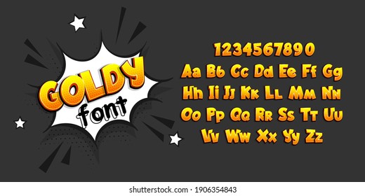 Golden glossy comic book pop art superhero font. Comic text alphabet collection. Bold comics book font with halftone shadow. Speech bubble for text.