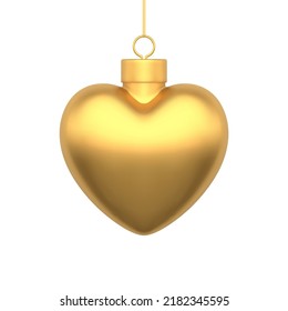 Golden glossy heart Christmas toy for hanging on spruce premium decorative design realistic 3d icon vector illustration. Expensive Xmas bauble indoor decor traditional winter holiday ornament isolated