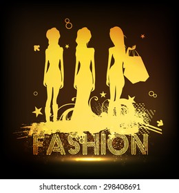 Golden glossy illustration of young fashionable hot girls with shopping bags on shiny brown background.