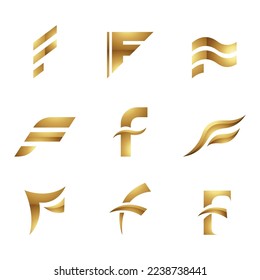 Golden Glossy Letter F Icons on a White Background