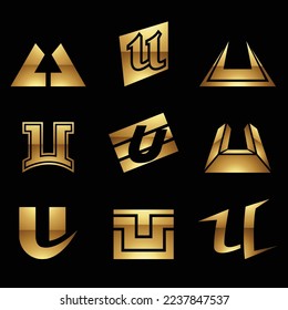 Golden Glossy Letter U Icons on a Black Background