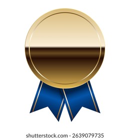 Golden glossy mirror medal with blue ribbons for sport and games