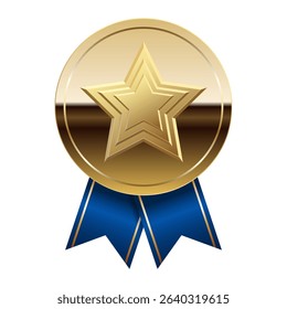 Golden glossy mirror medal with blue ribbons and star for sport and games
