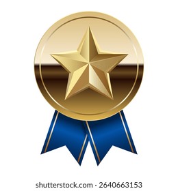 Golden glossy mirror medal with blue ribbons and star for sport and games