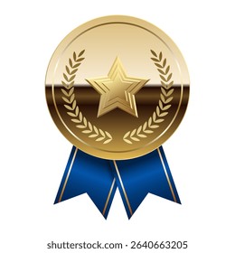 Golden glossy mirror medal with blue ribbons and star for sport and games