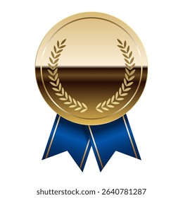 Golden glossy mirror medal with blue ribbons for sport and games