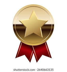 Golden glossy mirror medal with red ribbons and star for sport and games