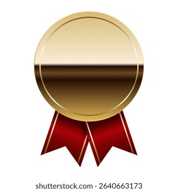 Golden glossy mirror medal with red ribbons for sport and games