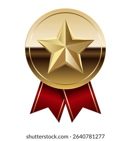 Golden glossy mirror medal with red ribbons and star for sport and games