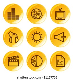 Golden glossy multimedia icons set. Vector.