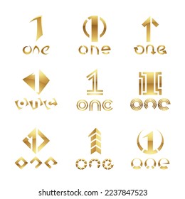 Golden Glossy Number 1 Icons on a White Background