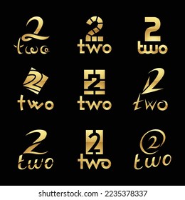 Golden Glossy Number 2 Icons on a Black Background