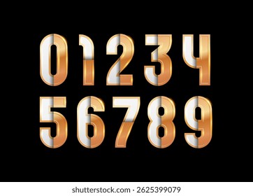 Golden glossy numbers, 3D gold shiny numerals set 0, 1, 2, 3, 4, 5, 6, 7, 8, 9, made in steel style, vector illustration 10EPS