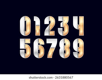 Golden glossy numbers, 3D gold shiny numerals set made in steel style, vector illustration 10EPS
