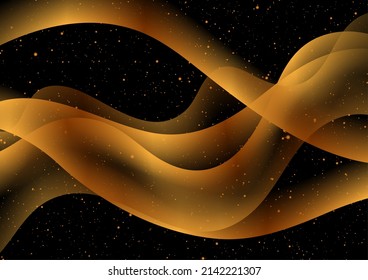 Golden glossy smooth waves and shiny dots abstract background. Vector design
