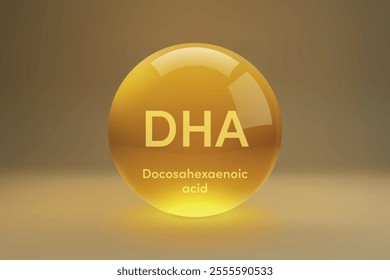 A golden glossy sphere representing DHA fatty acids, commonly known as Docosahexaenoic acid, on a gradient background