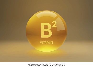 A golden glossy sphere representing Vitamin B2, commonly known as Riboflavin, on a gradient background