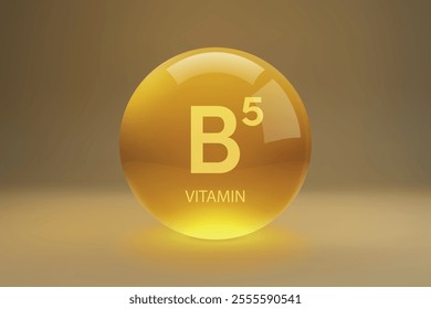 A golden glossy sphere representing Vitamin B5, commonly known as Pantothenic Acid, on a gradient background